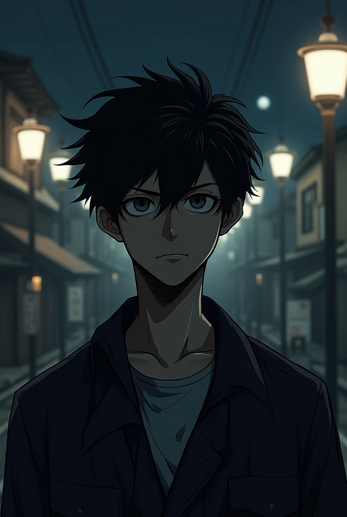 manga style, hd, young man, guts, covered face with shadow, shadow style, full body, japan background, night