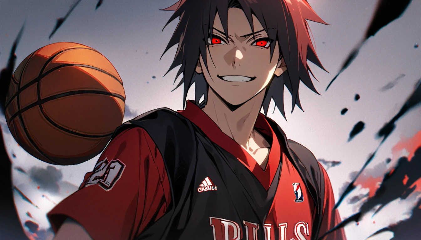 1boy, male focus, sazuke uchiha \(naruto\), bulls jersey, red jersey, medium shot, red eyes, glowing, sharingan, jersey, basketball player, solo, smile, red hair, , (masterpiece), best quality, aesthetic, perfect face