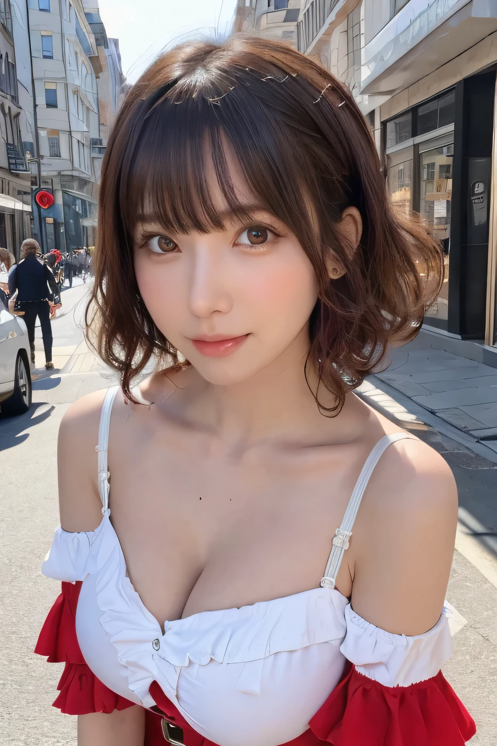 One person'S, (beautiful girl, delicate:1.3), (:1.3),
break, (Off the shoulder, one piece, Frills:1.2),skirt,
break, (Street Snap:1.2),
break, Very beautiful eyes, (Symmetrical eyes:1.3),
break,(Large Breasts:1.3), Brown eyes, Parted bangs, Brown Hair, (Curly Hair:1.2), (Upper teeth, The best smile:0.2),
break, (Eye and facial details:1.0),
break, (masterpiece, Highest quality, Very detailed, Detailed face, 8k)
