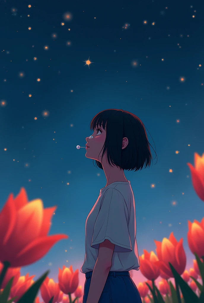 A short-haired girl in a tulip field at night with the starry sky looking at the stars, She has nasal cannulas