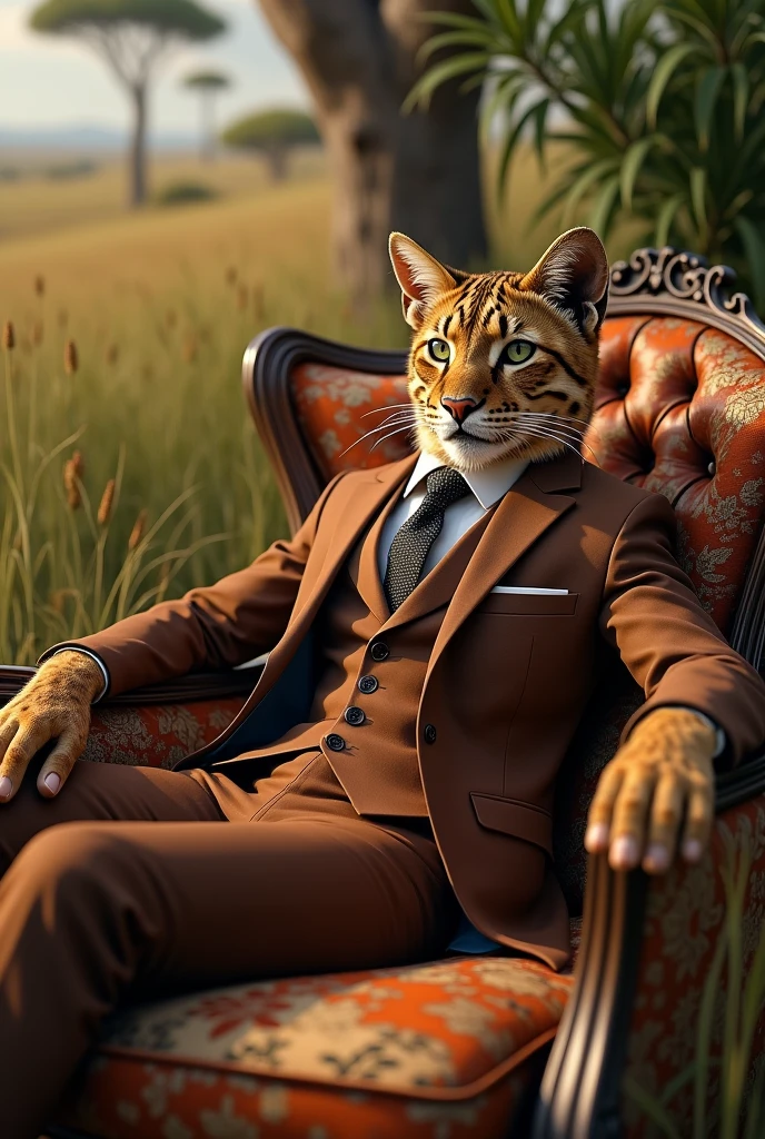 Very rich savannah cat wearing elegant suit sitting on luxurious chair with realistic atlas lion next to him, real, high resolution details, full picture as real life