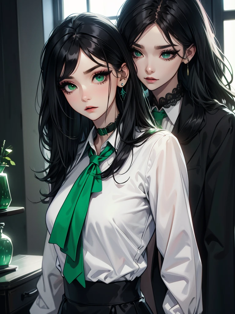 emo_hairstyle, ((tight black suit)), (black lace blazer), black tie, ((long hair)), ((straight hair)), (((black hair))), side swept bangs, white skin, pale, white, (green eye), tired expression, choker, ((dark makeup, mascara, eyeshadow)), multiple piercings, best quality, 8k, dark laboratory, dim lighting, white shirt, erotic, slytherin, flashing boobs, opening shirt, (small breasts)