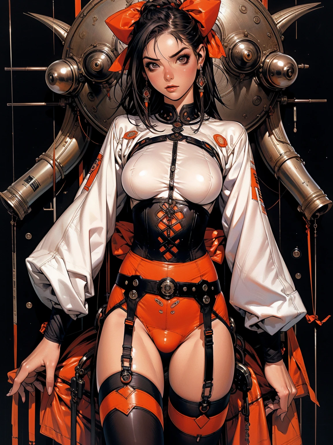 (((devilish smile))), (((red suit))), (((melhor qualidade: 1.4))), (((full metal))), (((DuneWalker))), (((post-apocalypse))), (Unbeatable masterpiece), (hiper HD),(CG 8k hiper-realista), 1Garota armada em um mundo futurista usando roupas coloridas e modernas. Corte de cabelo ultra moderno, perfect body with robotic parts, seios grandes, bunda perfeita, muscles without exaggeration, rosto lindo com olhos azuis penetrantes, add textures to clothes and create something different from the usual, add accessories like garter belt, espartilho e luvas com listras, pele bronzeada e com brilho de molhado, industrial environment with giant heavy machines, Intricate machinery and giant robot parts