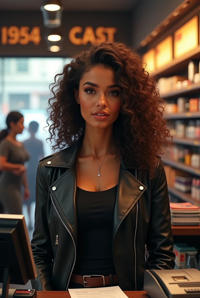 Woman curly hair leather jacket cashier 