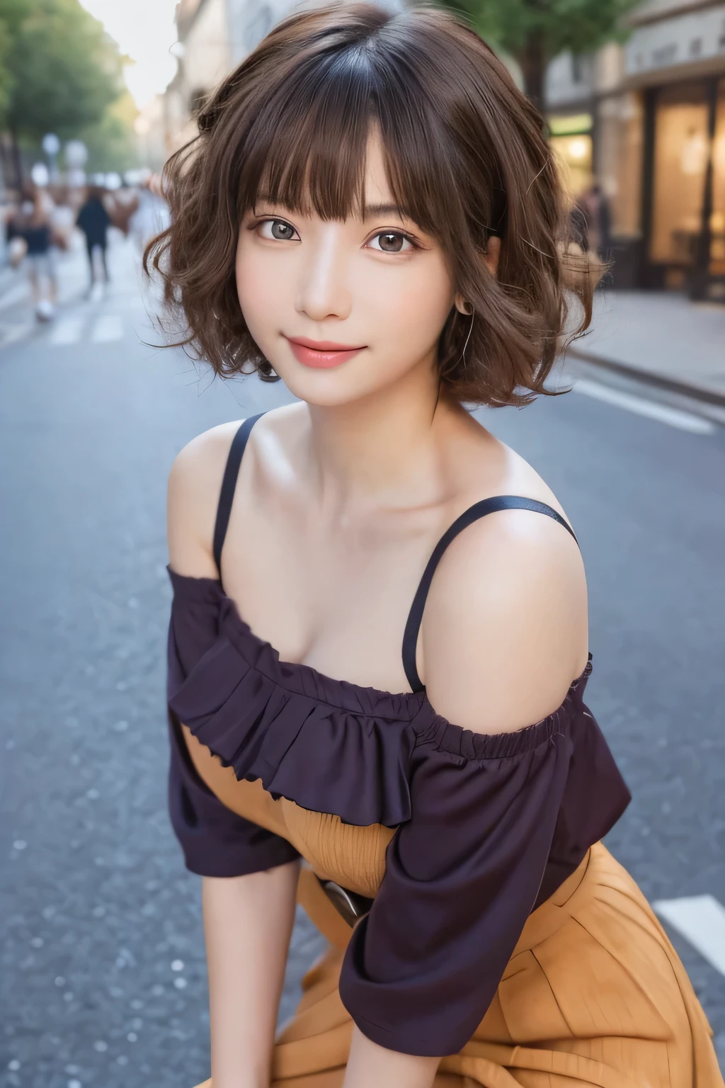 One person'S, (beautiful girl, delicate:1.3), (:1.3),
break, (Off the shoulder, one piece, Frills:1.2),skirt,
break, (Street Snap:1.2),
break, Very beautiful eyes, (Symmetrical eyes:1.3),
break,(Large Breasts:1.3), Brown eyes, Parted bangs, Brown Hair, (Curly Hair:1.2), (Upper teeth, The best smile:0.2),
break, (Eye and facial details:1.0),
break, (masterpiece, Highest quality, Very detailed, Detailed face, 8k)