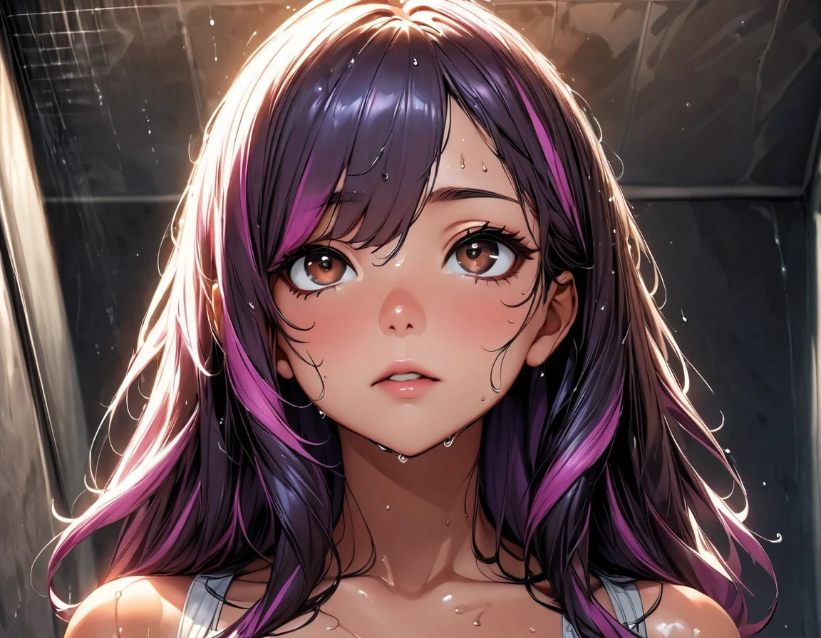 (highest quality:1.2, Very detailed, up to date, Vibrant, Ultra-high resolution, High Contrast, masterpiece:1.2, highest quality, Best aesthetics), Portraiture、girl, solo, (25-years-old:1), Bright colors、Beautiful fine details、Beautiful lip detail, long hair、black and purple ((streaked hair:1.6)), highlights hair: 1.5, brown eyes, ((slim body:1.4)), (small breast:0.7), (dark skin:0.3), (taking a shower from head:1),((wet hair:1.4)), (the shower is falling on her face:1), in the shower room., (looking up:1.2), (upper body)