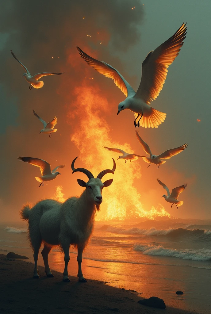 seagulls are burning in the fire, there is a goat standing nearby