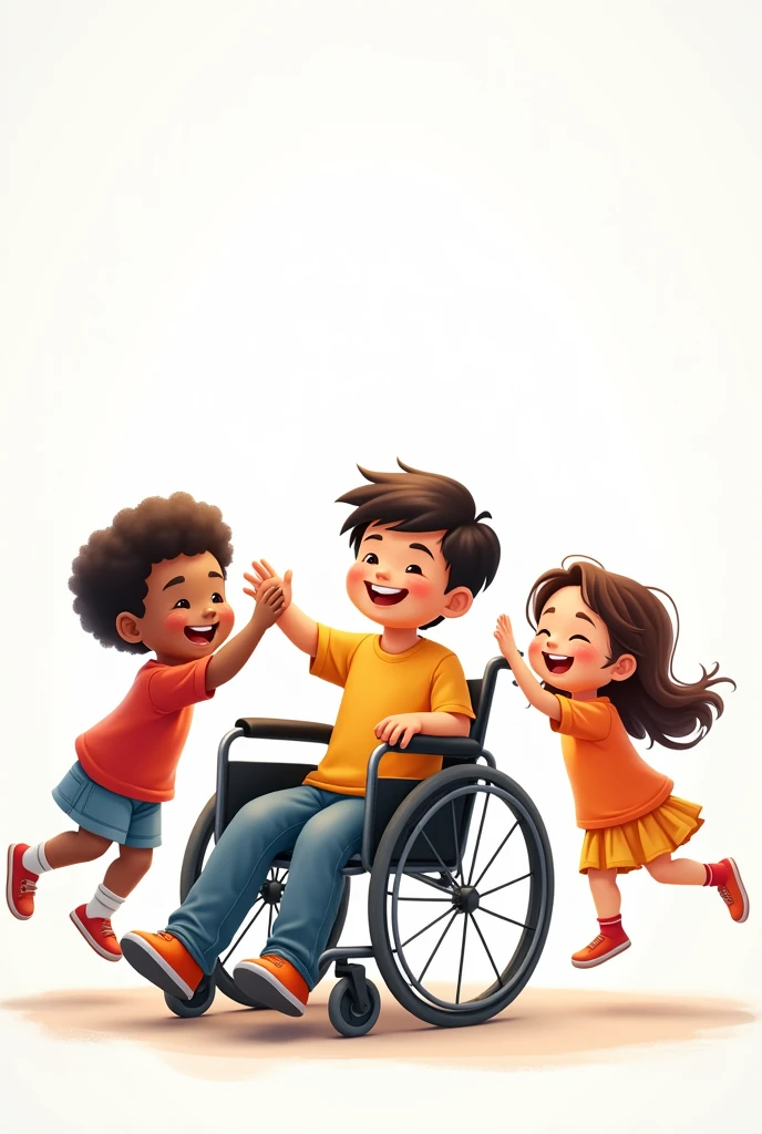 Happy children , child in wheelchair, Asian child and a black child with a white background