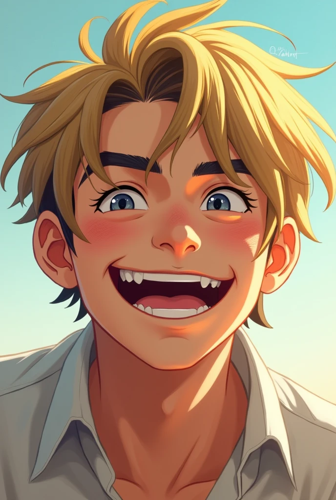Asian human male with straight blonde hair messed up by the wind, with a wide, mischievous, somewhat mischievous smile with relaxed eyebrows, Youngh. Humanize a photo