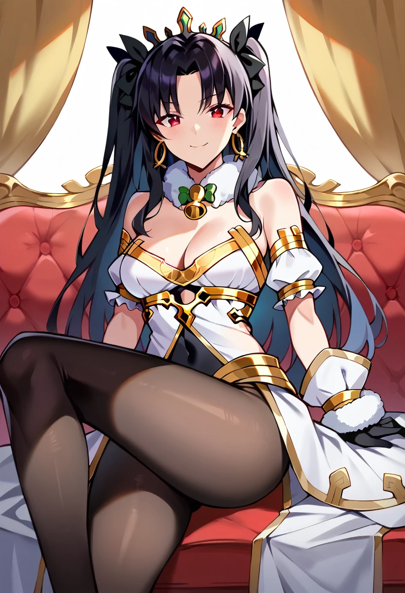 score_9, score_8_up, score_7_up, score_6_up BREAK source_anime, Ishtar, long hair, black hair, ribbon, hair ribbon, two side up, red eyes, parted bangs, crown, PekoraBase, hair ornament, fur collar, white dress, fur-trimmed dress, bare shoulders, black leotard, strapless, cleavage, detached sleeves, puffy short sleeves, black gloves, black pantyhose, 1girl, divine goddess body with stunning curves, smile, wide hips, sitting on sofa, legs spread wide, The background is on a living room