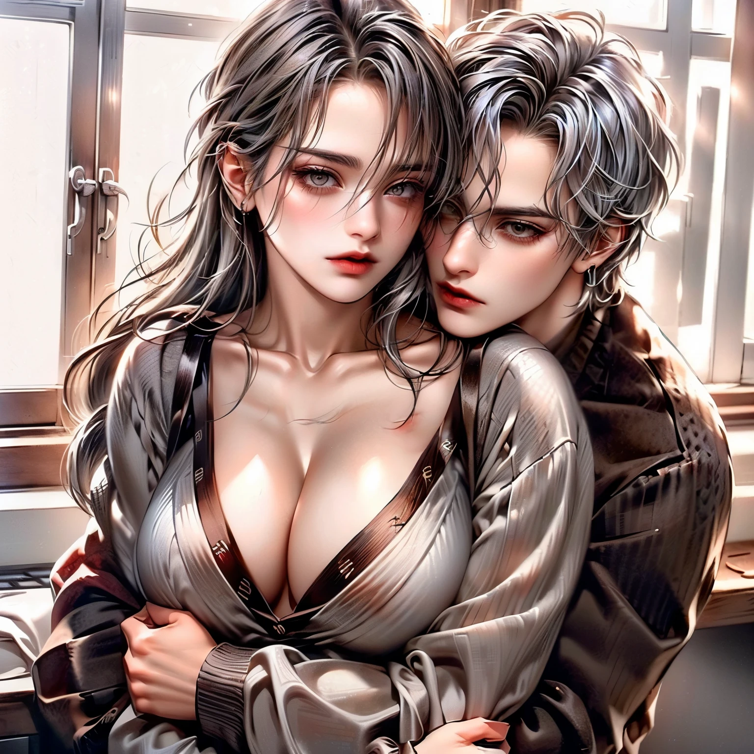 (masterpiece), (5K), (best quality), 2d Couple, ((a young gray hair couple)), ((a gray hair woman , pushed back locks, sharp eyes, slit_ pupils, pale eyes, small ?????, red dress)), brown eyes, ultra well detailed eyes, ((a gray hair guy, white royal clothes)), a passionate hug