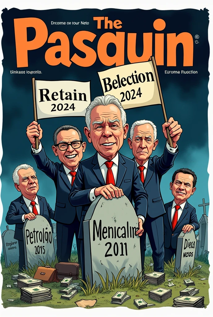Make a Newspaper Cover with Title: The Pasquin, and the subtitle:“The Return of the Living Dead”: Politicians Who Never Die!” make the image Illustration on the Cover in Portuguese: A cartoon of politicians rising from graves labeled with corruption scandals like “Mensalão”, “Petrolão” and “CPI of NGOs”, everyone with smiles and holding “Reelection 2024” signs.