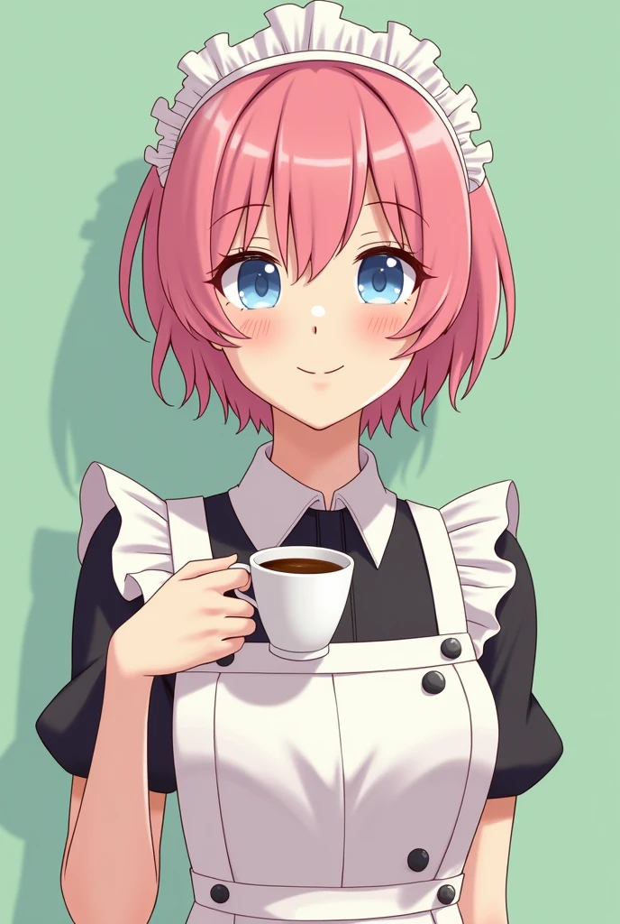 Cafe maid holding a cup of coffee in her left hand with short pink hair, blue eyes, a sensual and happy expression, age range between 18 and 26 years, anime style completely in 2D, with pastel colors, with a completely flat and green background