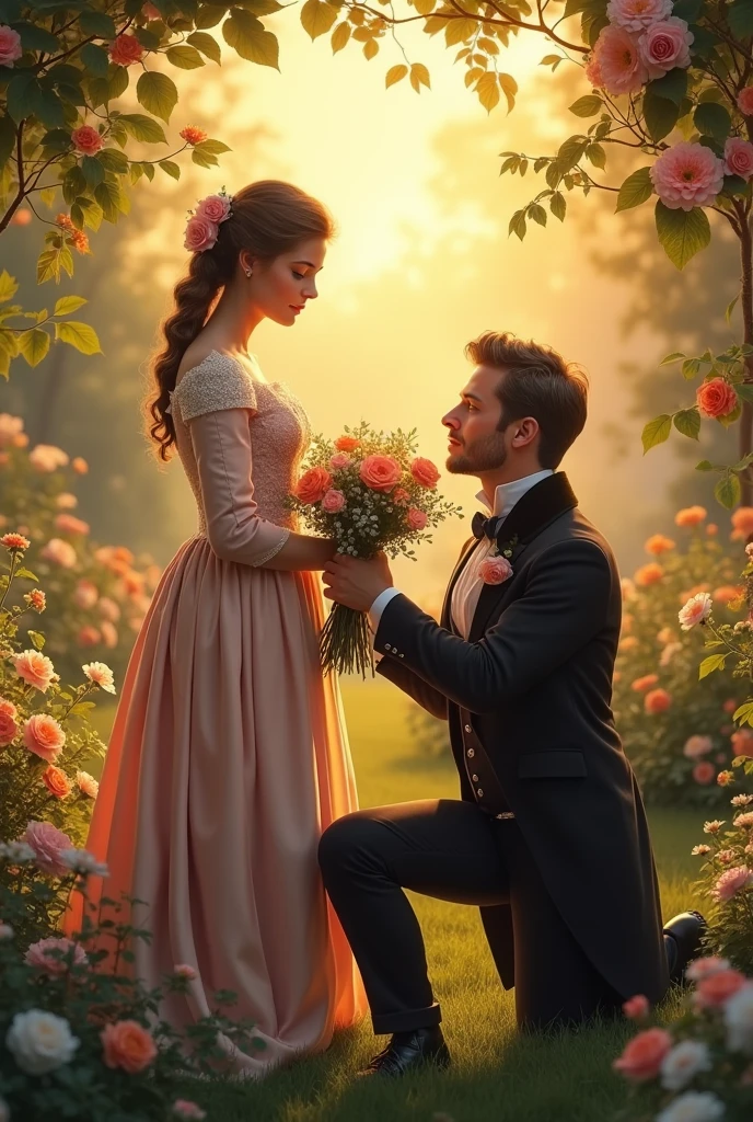 In an idyllic landscape, with a flower garden and a golden sky at sunset, Two Victorian era figures are found. The woman, dressed in an elegant silk dress in pastel tones and adorned with lace, He is standing in a small clearing among the flowers. Her hair, carefully gathered into a complex hairstyle, It is decorated with small flowers. She looks at her companion with a mixture of surprise and tenderness..
the man, kneeling in front of her, He wears a three-piece dark wool suit with a matching waistcoat and tie., with silver details. In her hands she holds a bouquet of freshly cut flowers, which he offers with a solemn gesture full of devotion. The evening light illuminates her face with a warm glow, while the woman's expression reflects a mixture of admiration and emotion. The background shows a lush garden with leafy trees and colorful flowers., complementing the romantic and elegant atmosphere of the scene. All this in a style like romanticism. With lots of vegetation and very 17th century