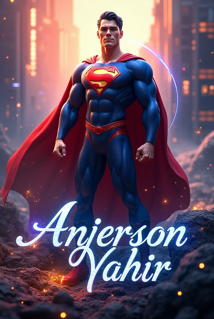 Image with the name anjerson yahir in cursive letters with animated background of the super hero superan 3D art