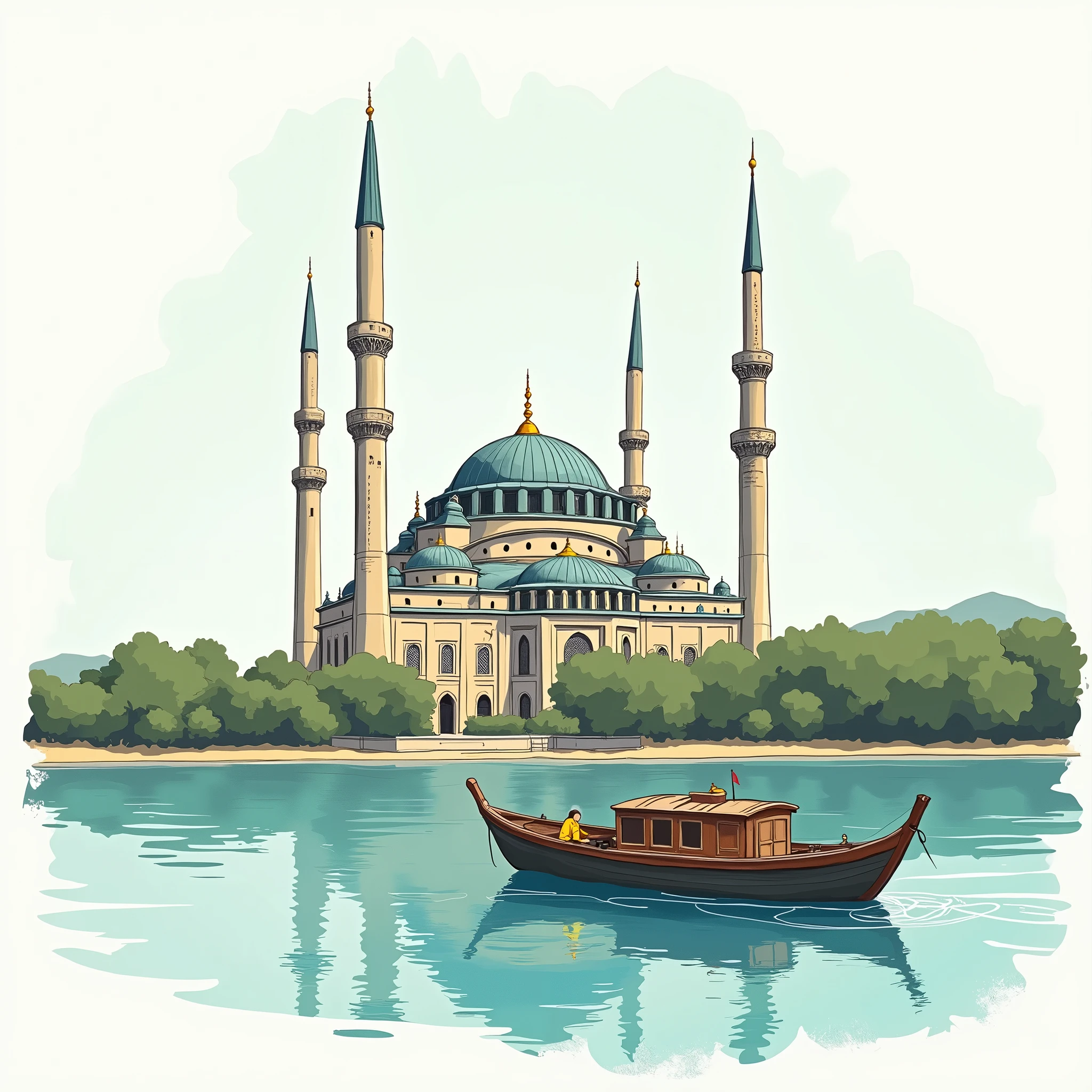 concept art of mosque , flat colors,sketch, in the middle of lake , half colored ,half completed ,boat