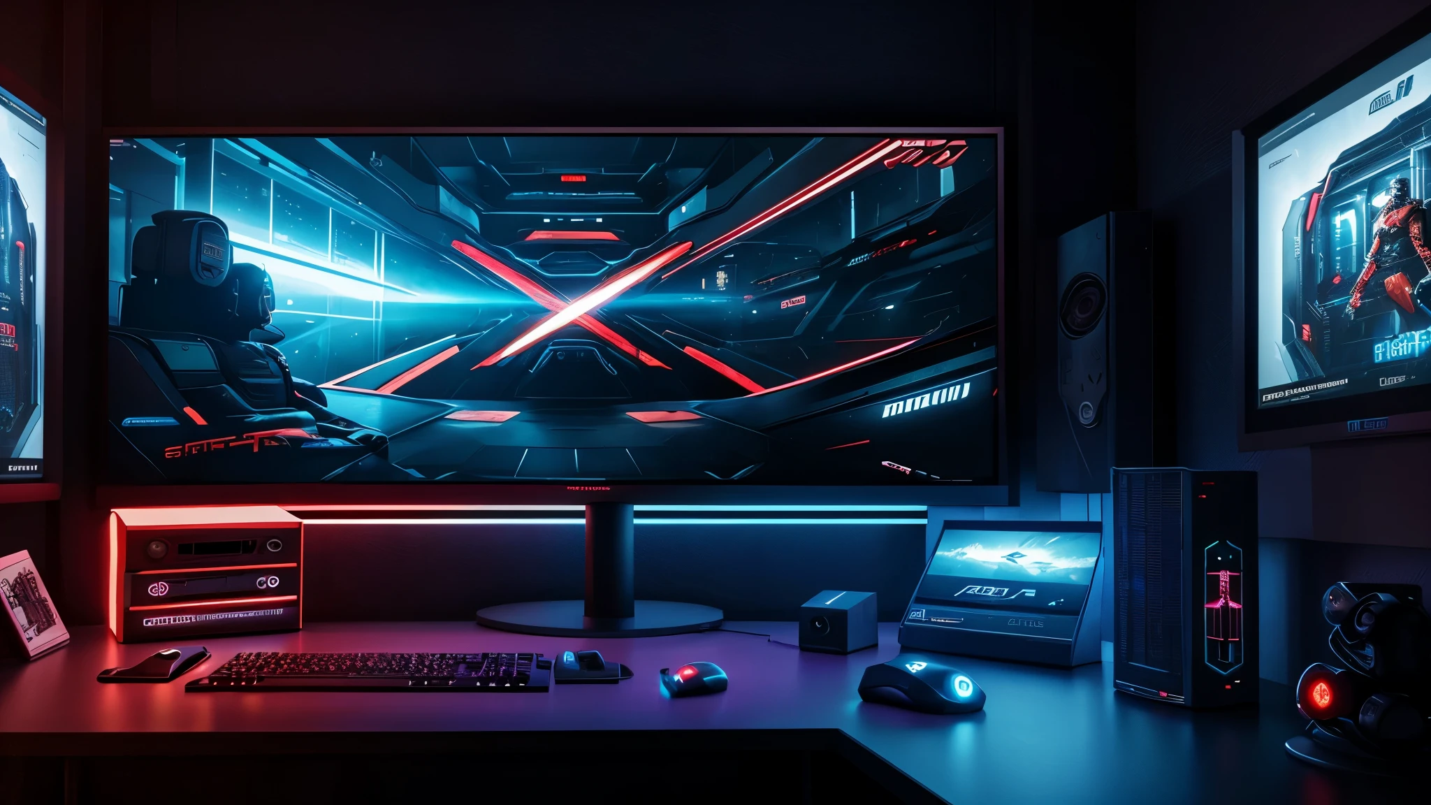 scifi, cyberpunk, futuristic, pc gaming room, hightech, daylight, cozy, much space, wide angle, a lot of tech, 3 flat monitors, monitor ratio 21:9, monitor size 34 zoll, realistic view, ambient light, year 2124, cinematic