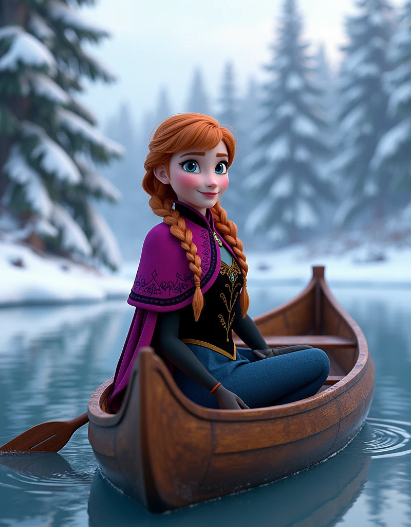 Redhead Arendelle princess Anna, braided long hair, sit on canoe at the frozen lake in winter