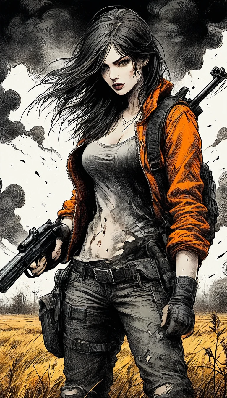 full body general shot,((dark and torn black and white illustration:1.5)), 1 young, beautiful muscular body, fierce expression, holding a gun, (colors in your clothes, warm up, orange, yellow, takes away: 1.3), standing in a desolate field, dramatic lighting, sombras intensas, gritty texture , hight contrast, swirly vibrant colors, dynamic pose, powerful posture, rough bottom, explosive atmosphere, dystopian theme, surreal elements, digitally painted illustration, High definition resolution, details Intricate, dramatic composition, avant-garde and chaotic brushstrokes, Gothic style, intense emotions, Epic scale, raw and courageous feeling, Captivating and thought-provoking works of art..