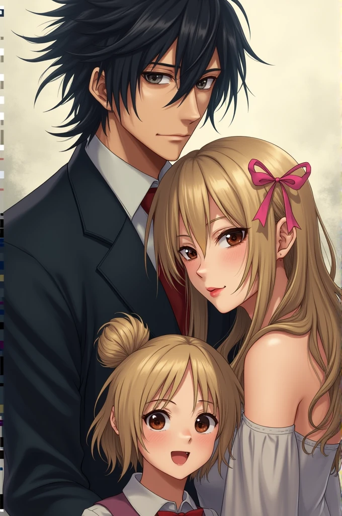 a tall man with messy hair, with a neutral look. A blonde woman with loose hair and a pink ribbon . And another short girl with a bun and a huge smile