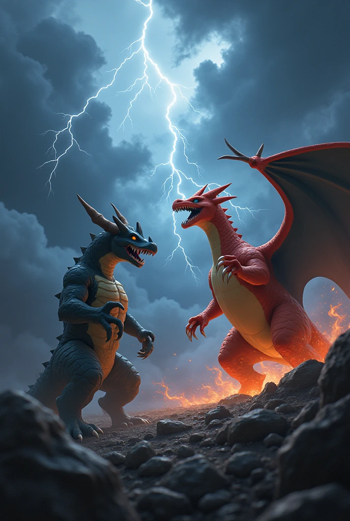 Charizard Drogonite faceoff with dark thunder background