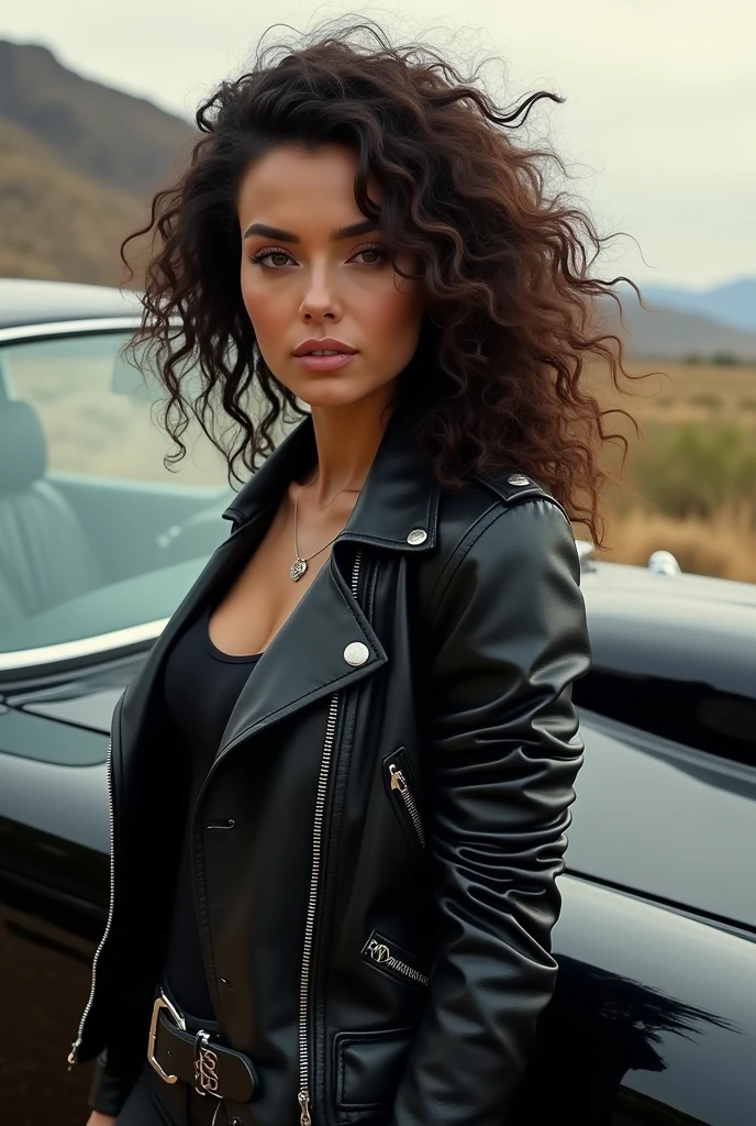 Woman curly hair leather jacket car