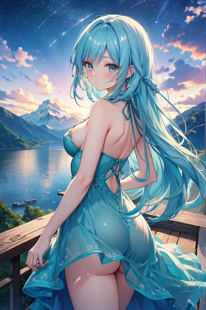 （masterpiece）、(Highest quality)、((Very detailed))、(Very delicate)、Idol in a sexy night dress、Bright aqua blue hair、Beautiful breasts、Beautiful ass、Nice、Lake with mountain view、Amazing starry sky