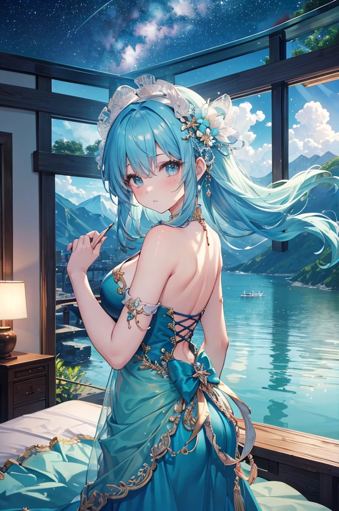 (masterpiece)、(Highest quality)、((Very detailed))、(Very delicate)、Idol in a sexy night dress、Bright aqua blue hair、Beautiful breasts、Beautiful ass、Nice、Lake with mountain view、Amazing starry sky