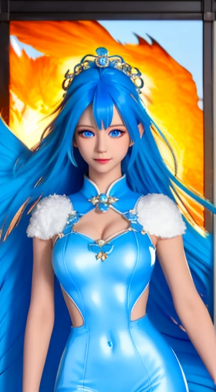 Blue nine-tailed dragon girl, (Bright blue hair), ((Big Hair)), double eyelid, Perfect figure, Nice face, Perfect Skin, blue eyes, spirit princess, Blue period、Shining in the distant star Spica.、Blue and white beams of light、A beautiful comet flies by、