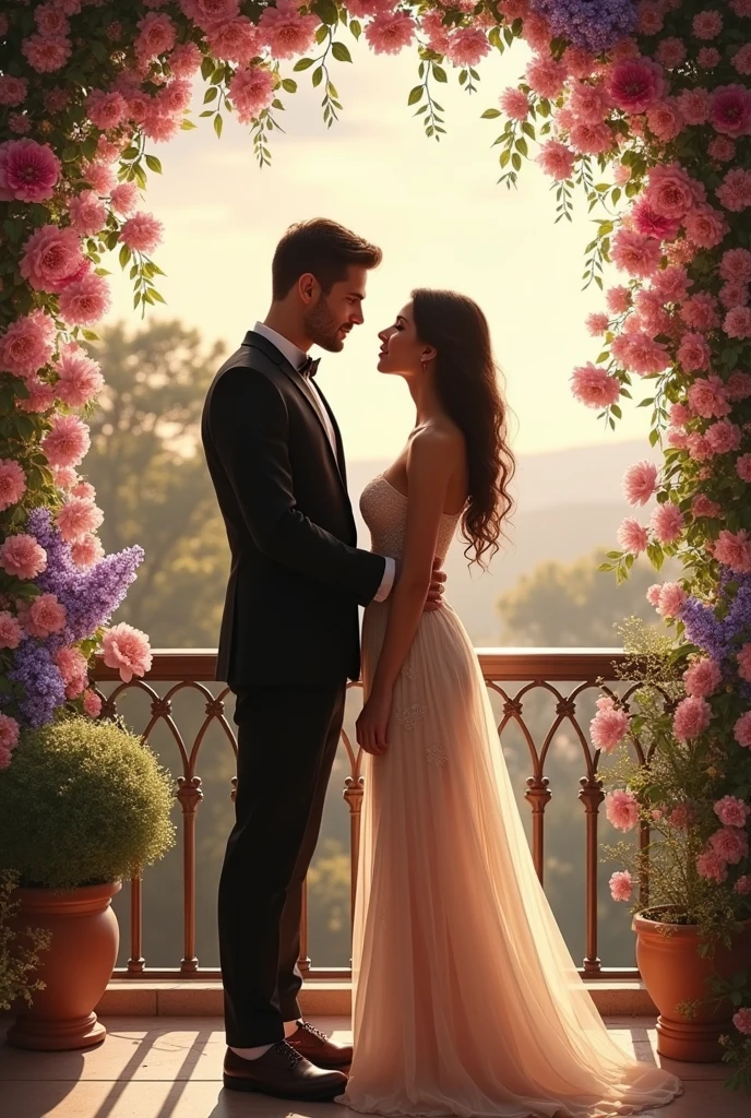 Man talking to a very beautiful woman on a terrace full of flowers