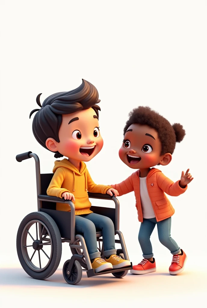 , happy child in wheelchair, Asian child and a black child with a white background 