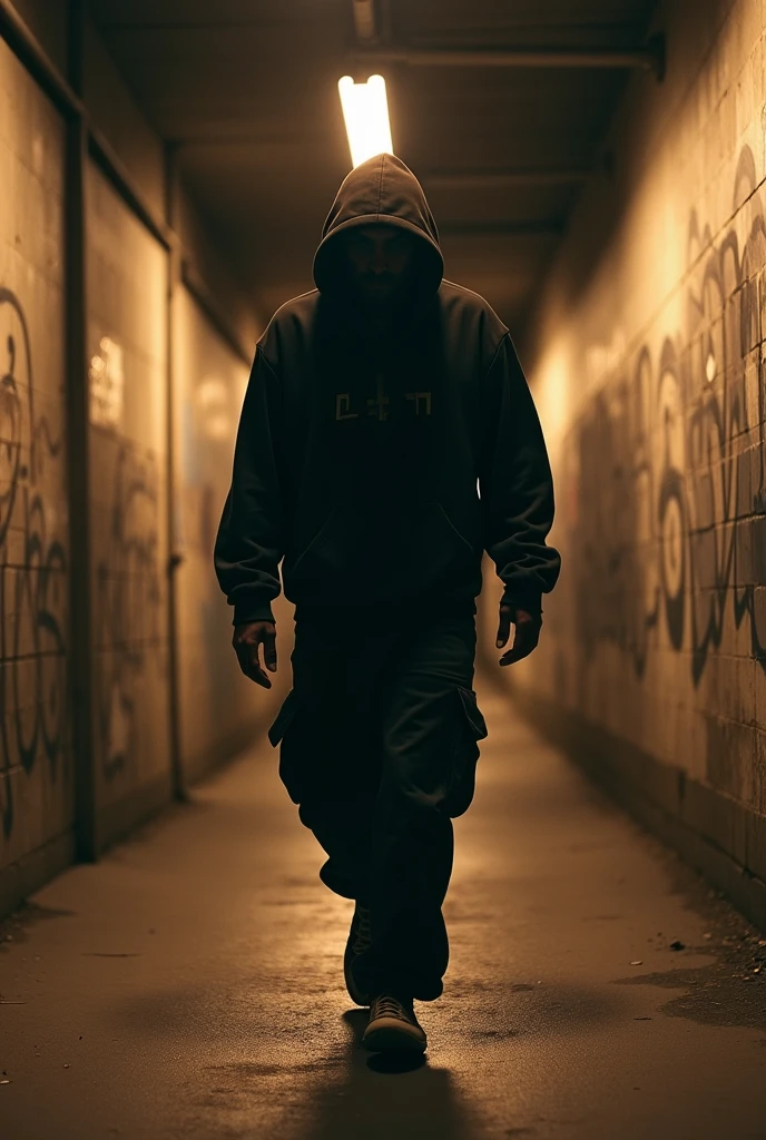 Hooded man hip hop walking in tunnel couleur sepia