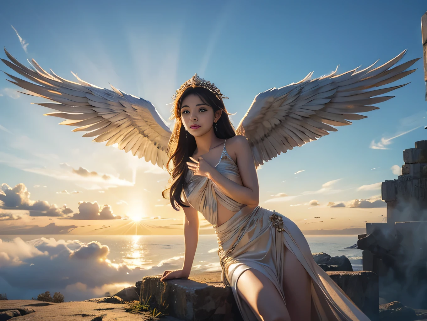 The goddess with angel wings shines brightly