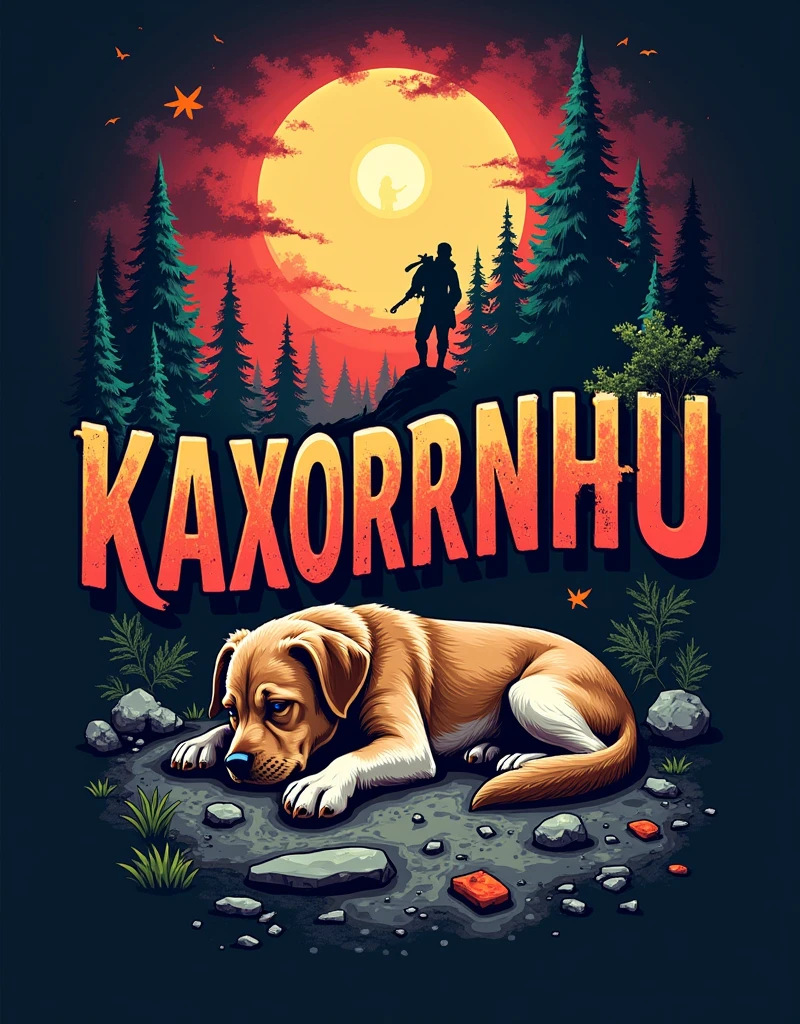 “Vector t-shirt design, featuring a ((logo)) for ‘Kaxorrinhu,’ the pistol shooter from the ((CS:GO team)). The design should include detailed and enhanced text with a bold, impactful style, capturing the essence of the gaming world. The scenery should depict a dog sleeping on the base of the Counter-Strike Mirage map, adding a unique and playful touch to the logo. Incorporate intricate details and enhanced elements to bring the scene to life, ensuring that the design is both visually striking and memorable. The overall composition should balance the intensity of the ((CS:GO theme)) with the whimsical, laid-back vibe of the sleeping dog, creating a perfect blend for a captivating t-shirt design.”
