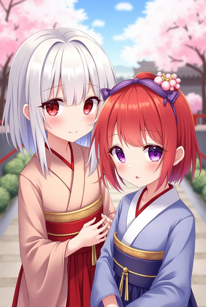 Create an image of two children, one with white hair and crimson eyes.,and the other child,man with red hair and purple eyes.both in traditional Japanese clothing,anime style