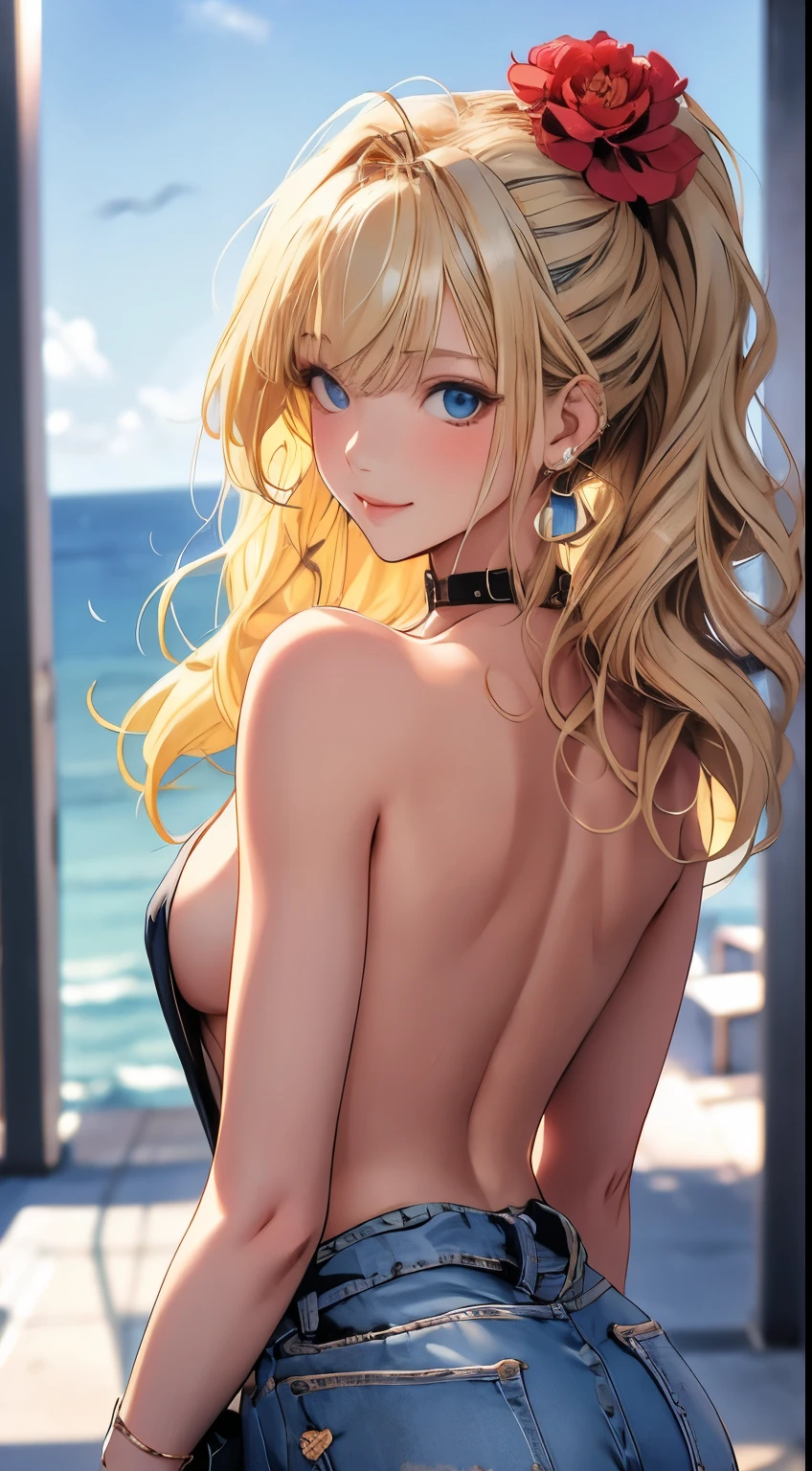 ​masterpiece, highest quality, pixiv, cooles Girl, topless, Lips in love, blonde hair, curly blonde hair, blunt bangs, straight bangs, pony tail, Blue eyes, tanned skin, Girl, improve,Look at the viewer, smile, sexly, seductive, slutty, ass pov,from above, solo, hair flower, 