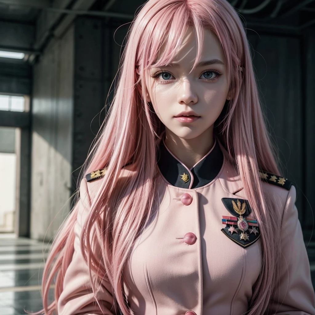 Zero two with pink hair, military dress uniform. high quality realistic.