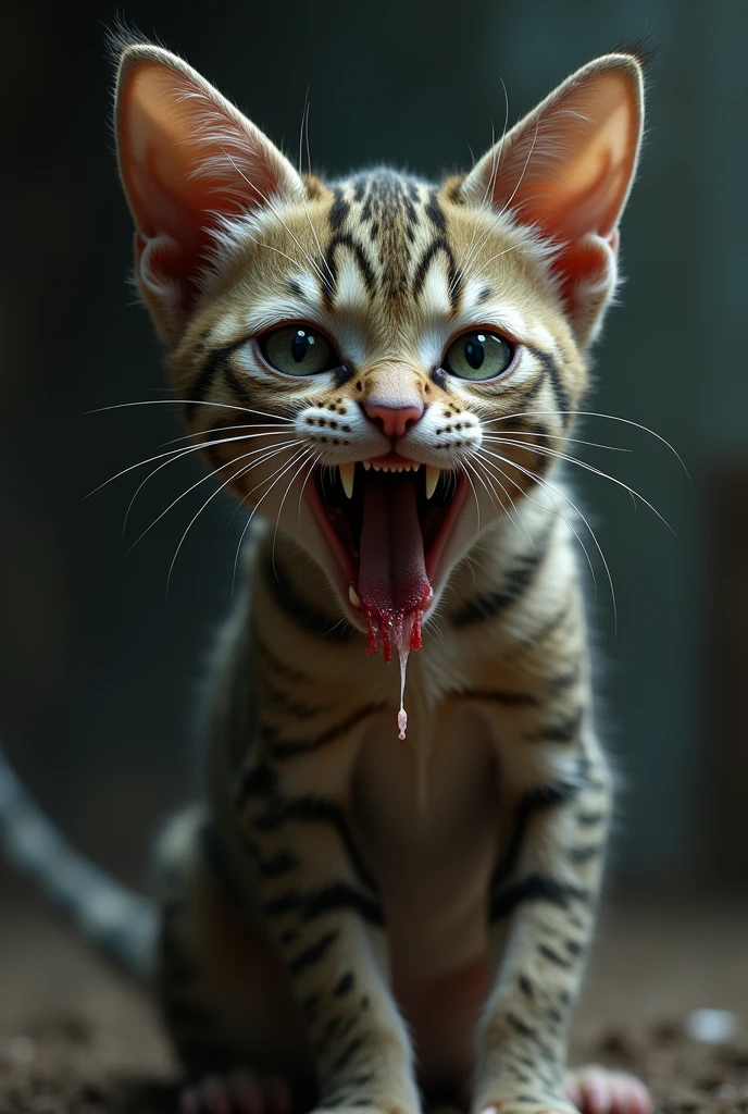 Realistic cat with foam at the mouth with sad look 