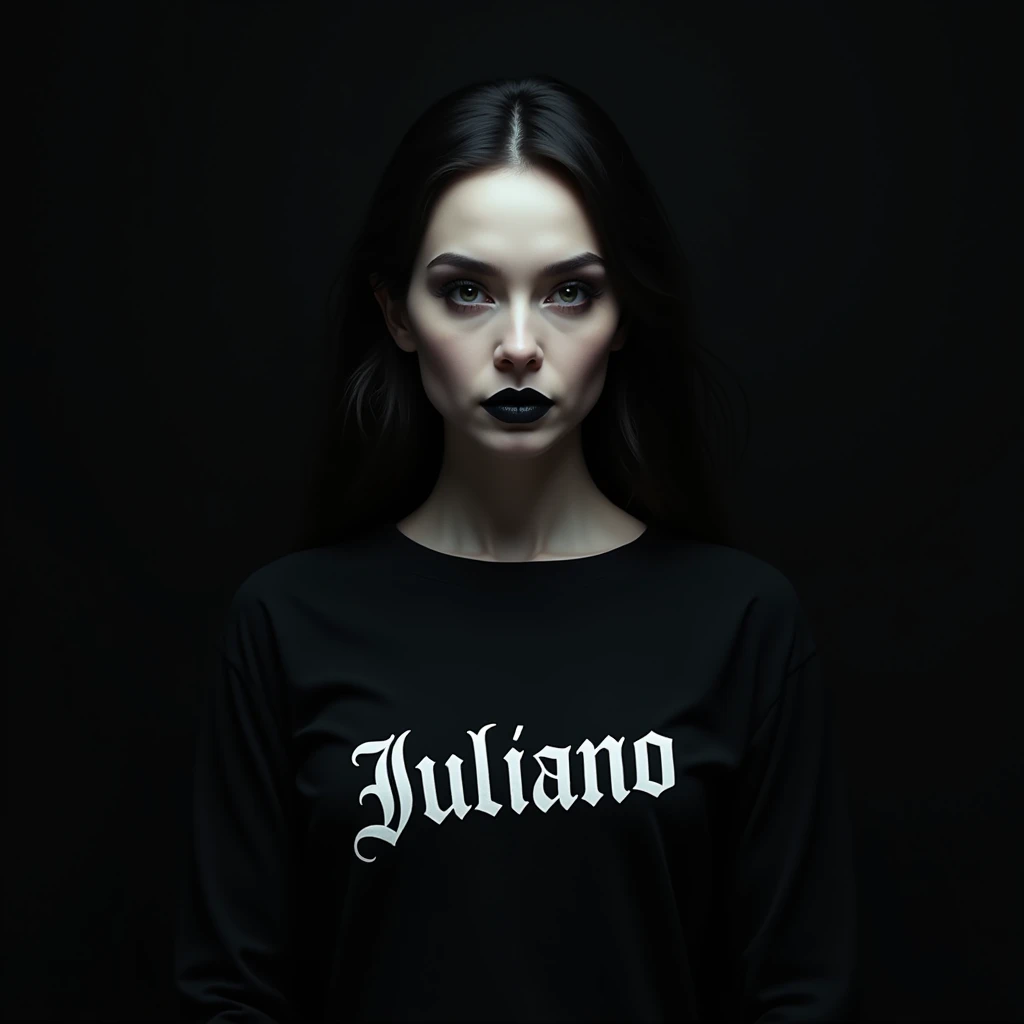 Gothic woman face, shirt with the word JULIANO written in mirrored color