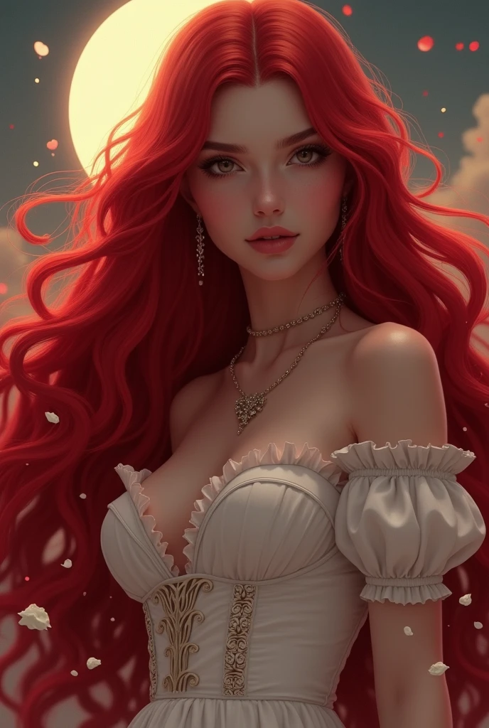 Young girl, breast nude, red verylong large hair, Full moon sky, aple red , book Holy! Fullhd, highquality, perfect,white roses!white roses