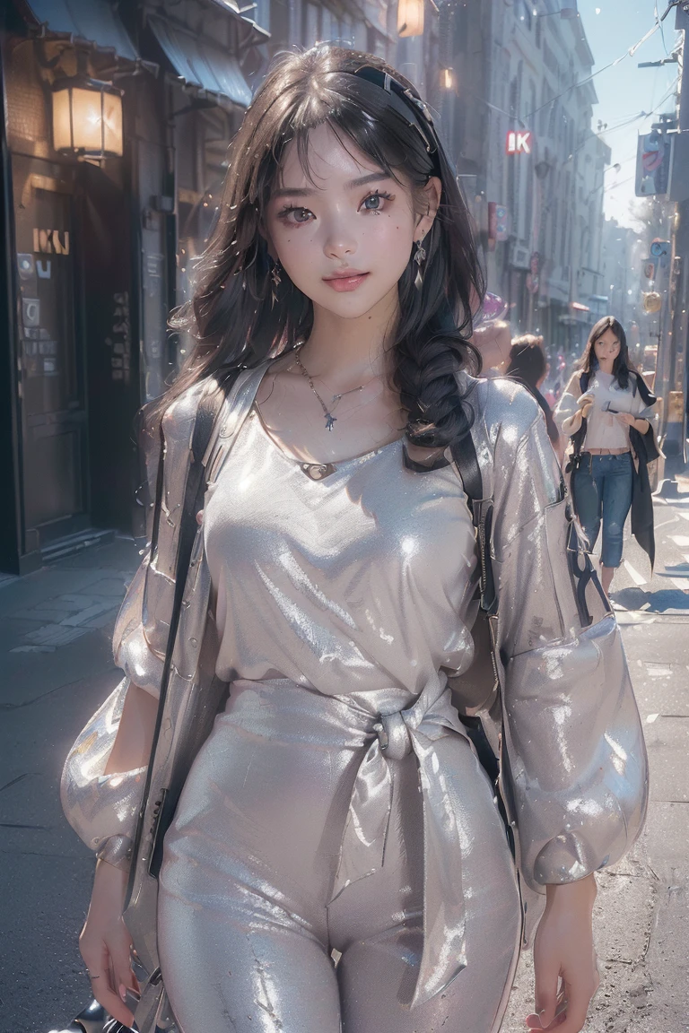 (((top-quality, 8K,超A high resolution、ultra-detailliert))),1girl in,female high-school student,a beauty girl,Street attire,(( t, silver pants, 、(( )、( light black hair,Colorful Extended Hair),perfectbody,skinny, Tied waist,Beautiful face, acurate, Anatomically correct, Highly detailed face and skin texture, Big eyes drawn in detail, Double eyelids, Thin eyebrows, Glitter Eyeliner: 1 Natural cheeks, Glossy skin, Fair skin: 1.2, (Glossy lips: 1.4),Highly detailed facial and skin texture, Detailed eyes, Double eyelids, Natural cheeks, , shiny lips: 1.4,Simple necklace and earrings,Smile and watch the viewer,Walking in the city,【Not blurry,profetional lighting,Professional effects、(masutepiece: 1.3), (max resolution: 1.2), (Ultra HDTV: 1.2),octanerender, Fujifilm X100, Intense cinematic shots, Shallow depth of field, Volumetric lighting, kintsugi,(8K、Raw photography、masterpiece:1.4)、(realisitic、Photorealsitic:1.37)、Shot with CineStill 800T、(Extreme top quality:1.3)、((depth of fields:))、absurderes、(超A high resolution、extremery detailed CG、hight resolution、realisitic、ultra-detailliert、a picture、A hyper-realistic、ultra-detailliert、Cinematic atmosphere、8K UHD、insanely detaileda、trending on artstationh、awardwinning photo、extremely detailed photo、hight resolution:1.5)】No tags or text