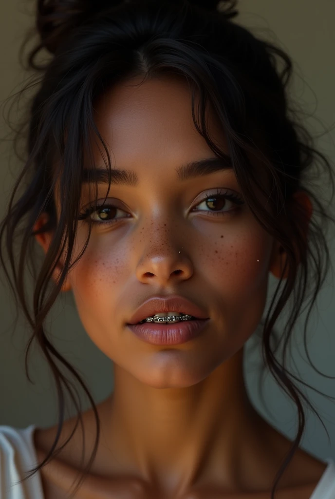 brunette woman, mulatto,undressed, lowrise,dark shaped eyes, light brown spots on the face, Wear braces on your teeth, small busts, small hip, with make-up, 