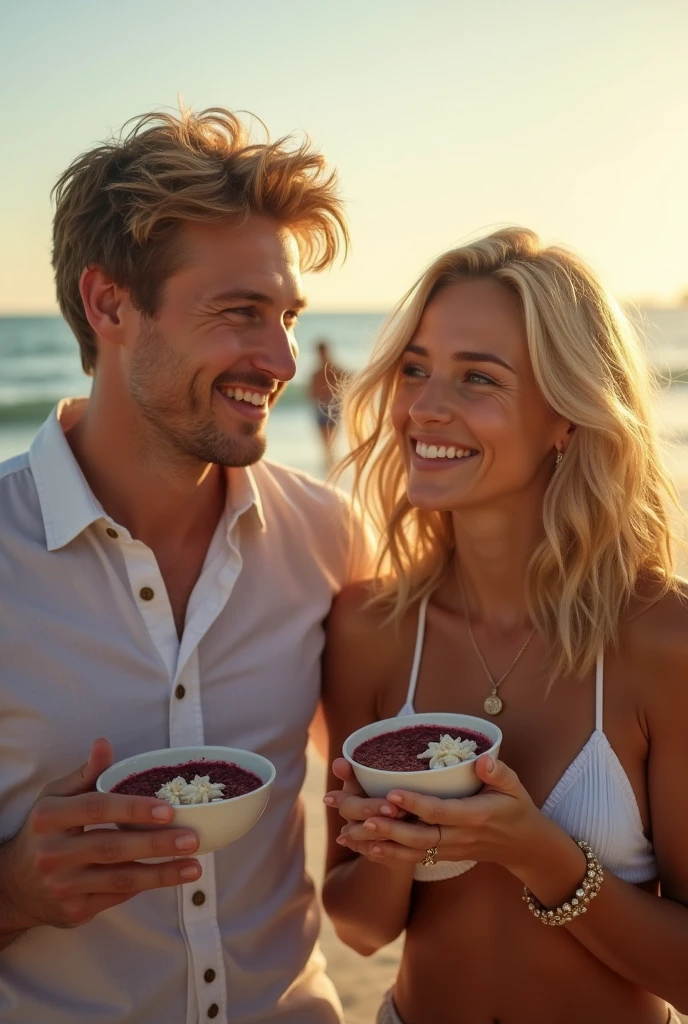 Man and Girlfriend 25 to 35 years old, On the beach blonde hair brown eyes eating acai , with friends Ultra HD, high qualiy, best qualityer, high resolution, 8k, 16K
