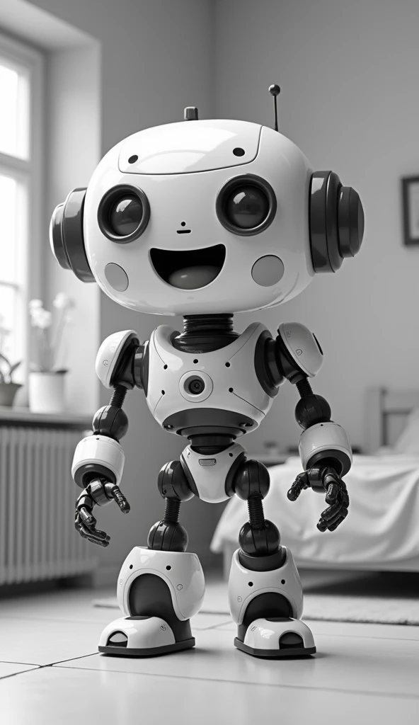 simple background,fundo de quarto ,cute robot,(looking ahead at viewer),[suprised:glad:0.4],impossible pose,black and white tones, opaque,extremely detaild,voxels.