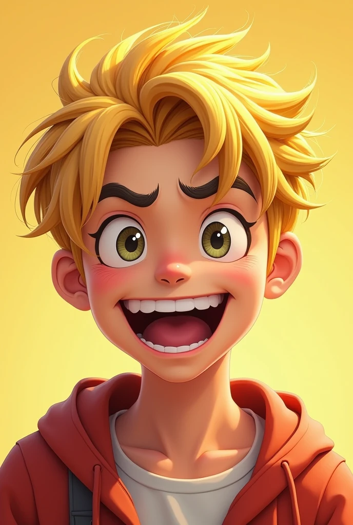 Asian human male with straight blonde hair messed up by the wind, with a wide, mischievous smile 