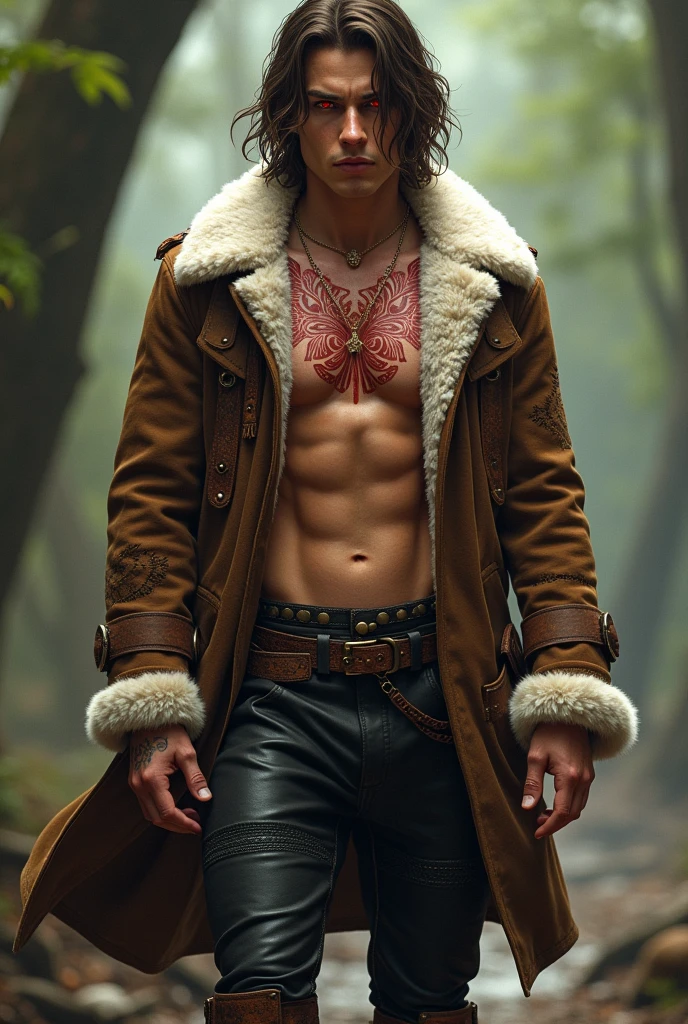 a 21yo guy with shoulder length brown hair and red eyes and tanned skin who only wears a brown overcover with tribal drawings and white fur on the edges shirtless with red tribal tattoos and wearing black leather pants with crocodile boots