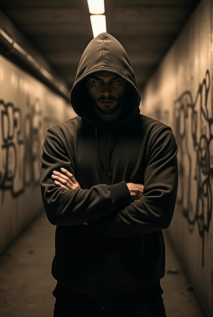 Hooded man hip hop bras croisés in tunnel couleur sepia