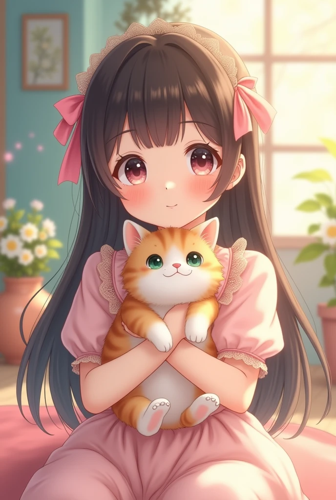 Create a very cute female person who looks Korean and girl who is anime type girly and who has a pet in her hand and it is a cat