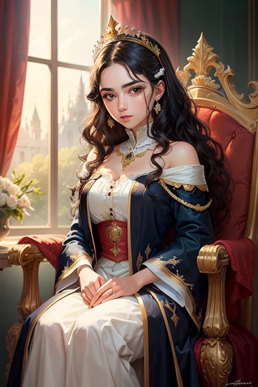 ((best qualityer)), ((work of art)), (detailded), a girl with dark brown eyes with black wavy hair in royal clothes sitting on her throne her hair is white in color
