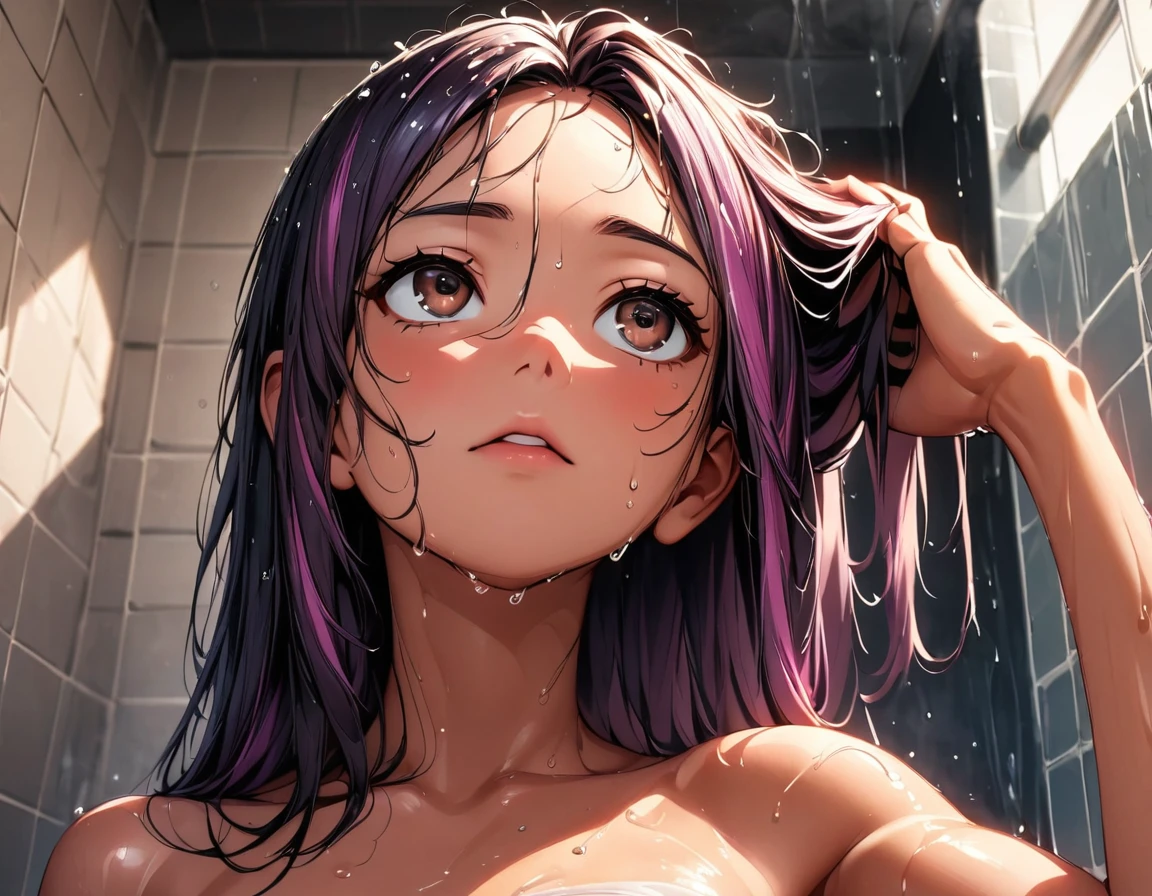 (highest quality:1.2, Very detailed, up to date, Vibrant, Ultra-high resolution, High Contrast, masterpiece:1.2, highest quality, Best aesthetics), Portraiture、girl, solo, (25-years-old:1), Bright colors、Beautiful fine details、Beautiful lip detail, long hair、black and purple ((streaked hair:1.6)), highlights hair: 1.5, brown eyes, ((slim body:1.4)), (small breast:0.7), (dark skin:0.3), (taking a shower from head:1),((wet hair:1.4)), (the shower is falling on her face:1), in shower room, hand on own head, (looking up:1.3), (upper body)